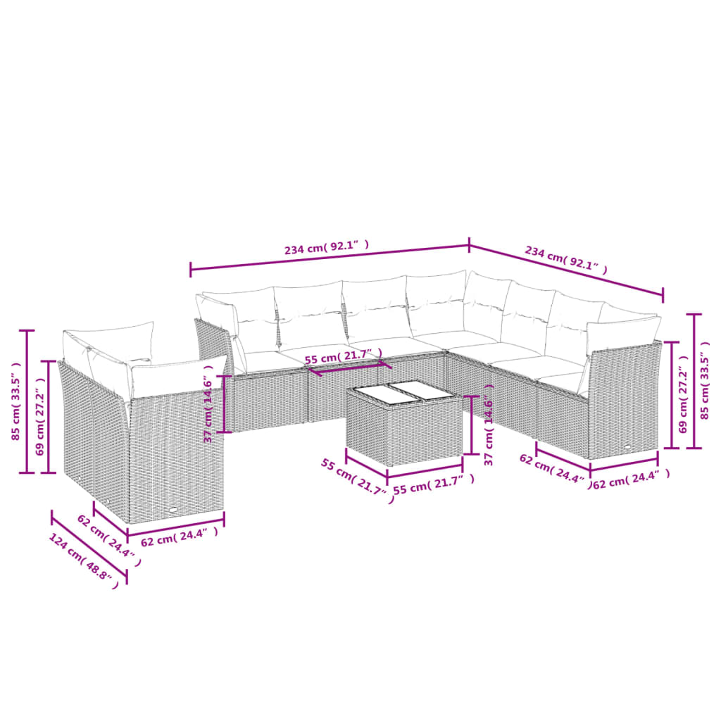 havesofasæt med 10 hynder sort polyrattan