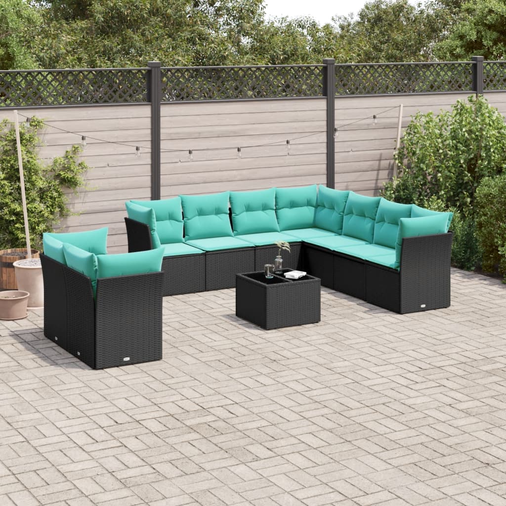 havesofasæt med 10 hynder sort polyrattan