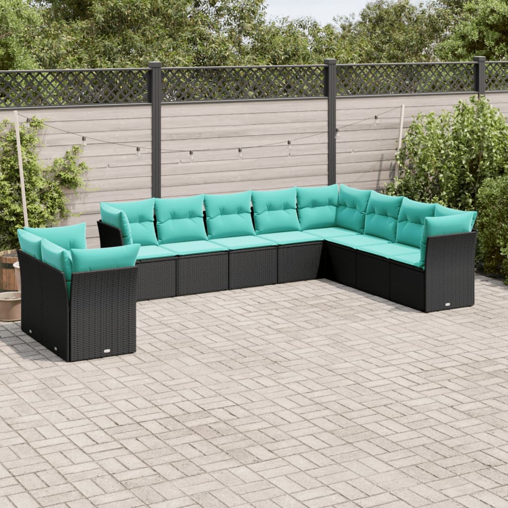 havesofasæt med 10 hynder sort polyrattan