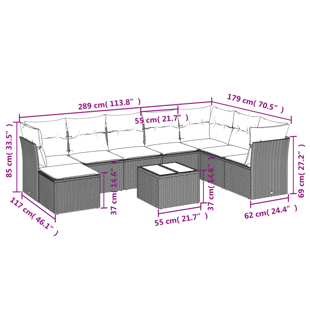 sofasæt til haven 9 dele med hynder polyrattan beige