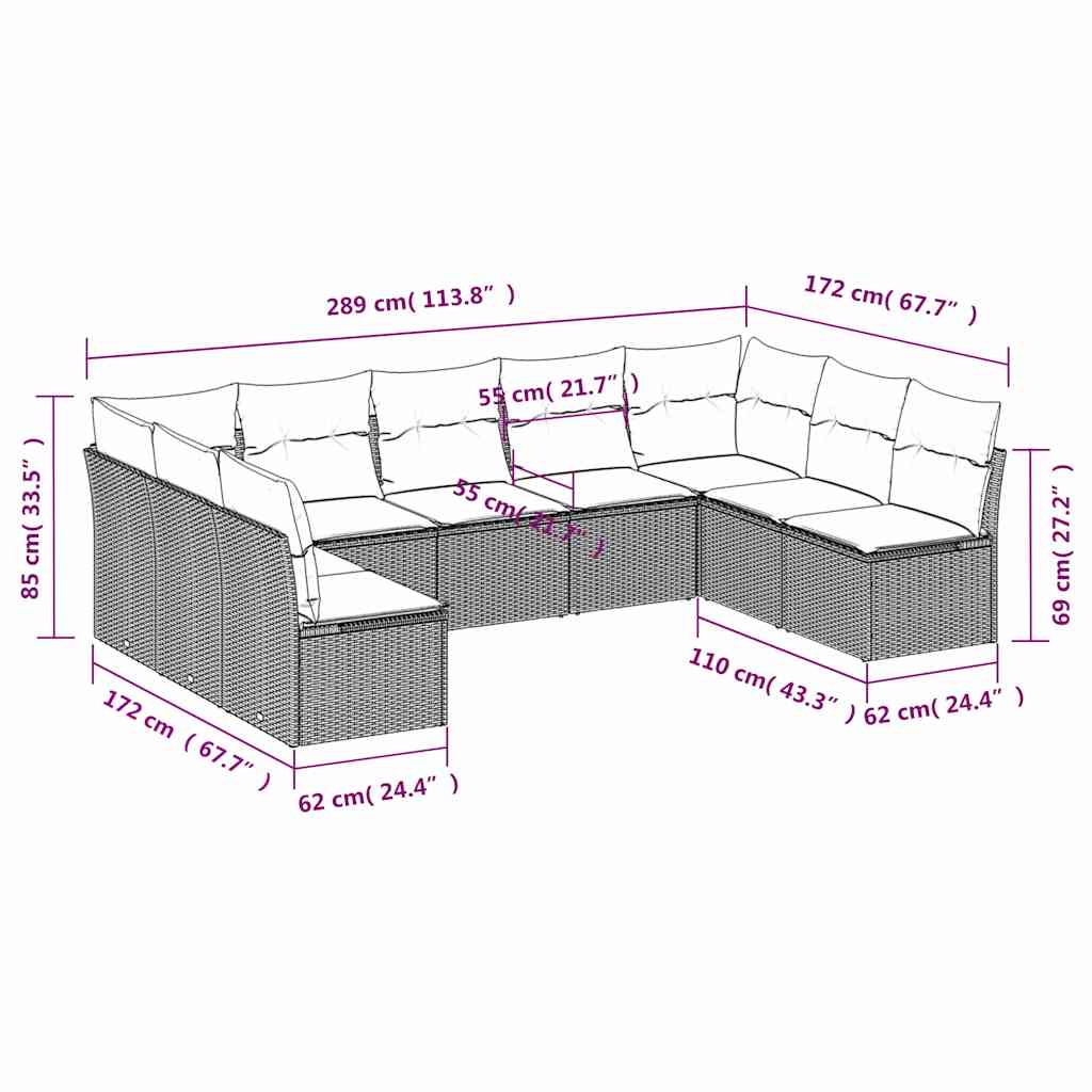 havesofasæt med 9 dele og hynder sort polyrattan