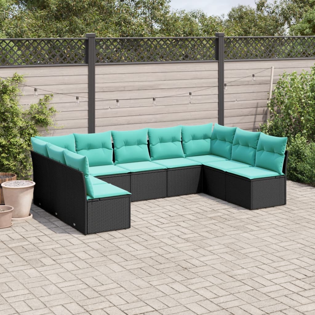 havesofasæt med 9 dele og hynder sort polyrattan