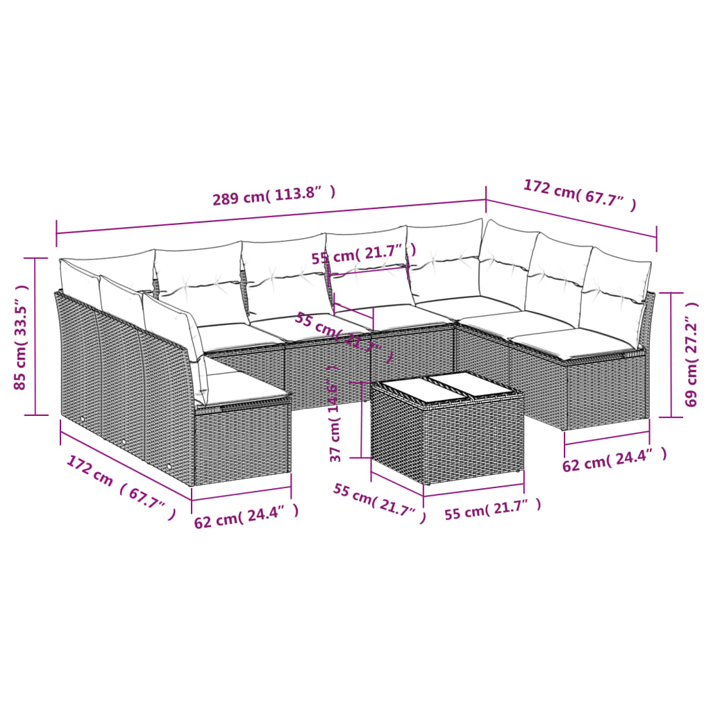 havesofasæt med 10 hynder sort polyrattan