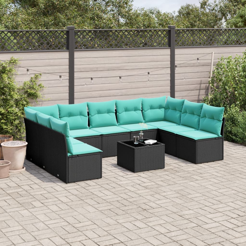 havesofasæt med 10 hynder sort polyrattan