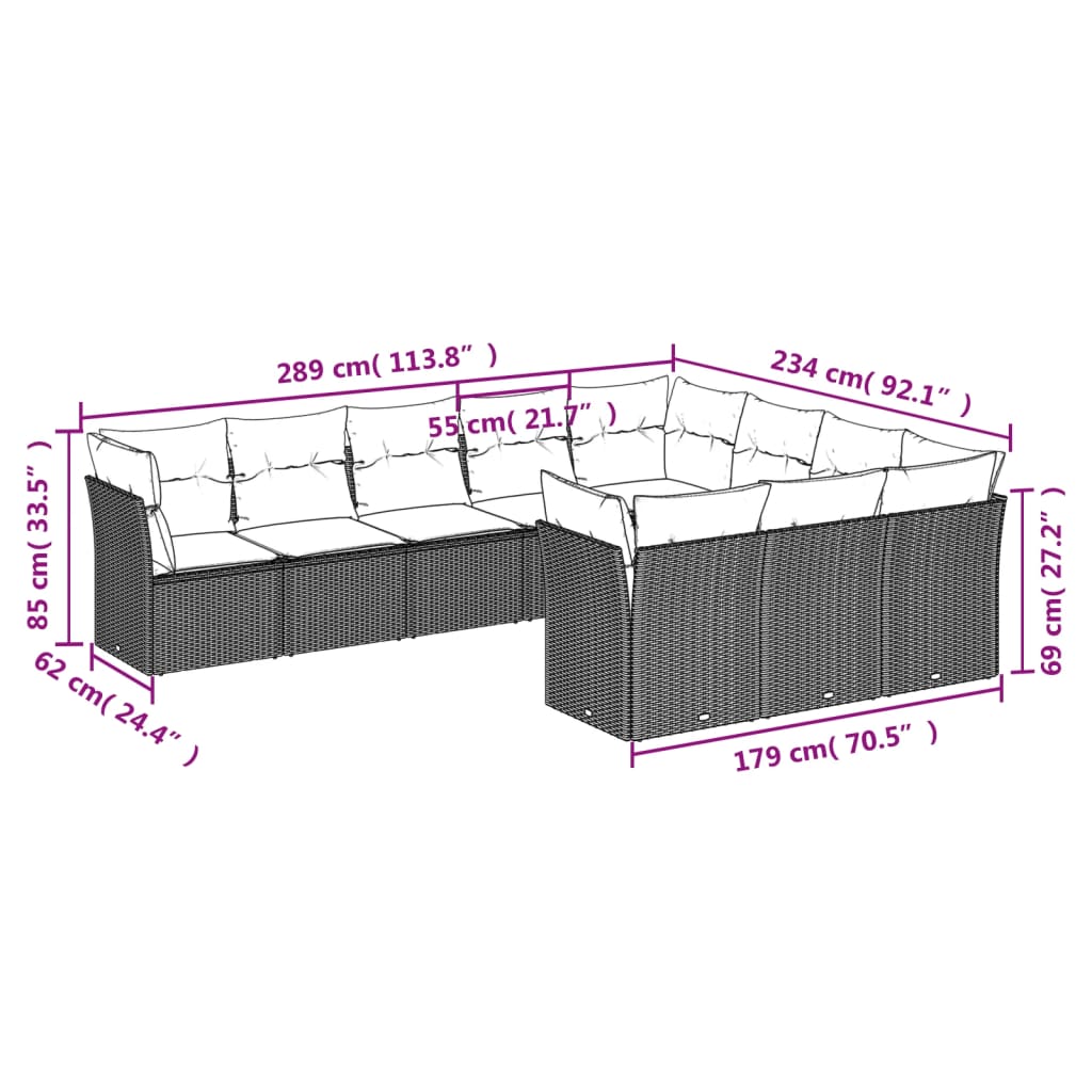 sofasæt til haven 10 dele med hynder polyrattan brun