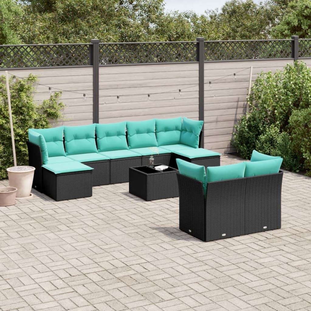havesofasæt med 10 hynder sort polyrattan