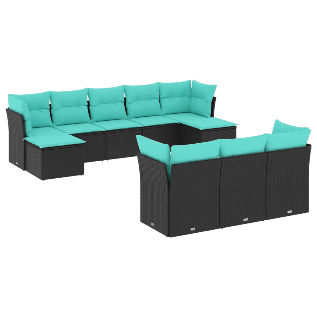havesofasæt med 10 hynder sort polyrattan