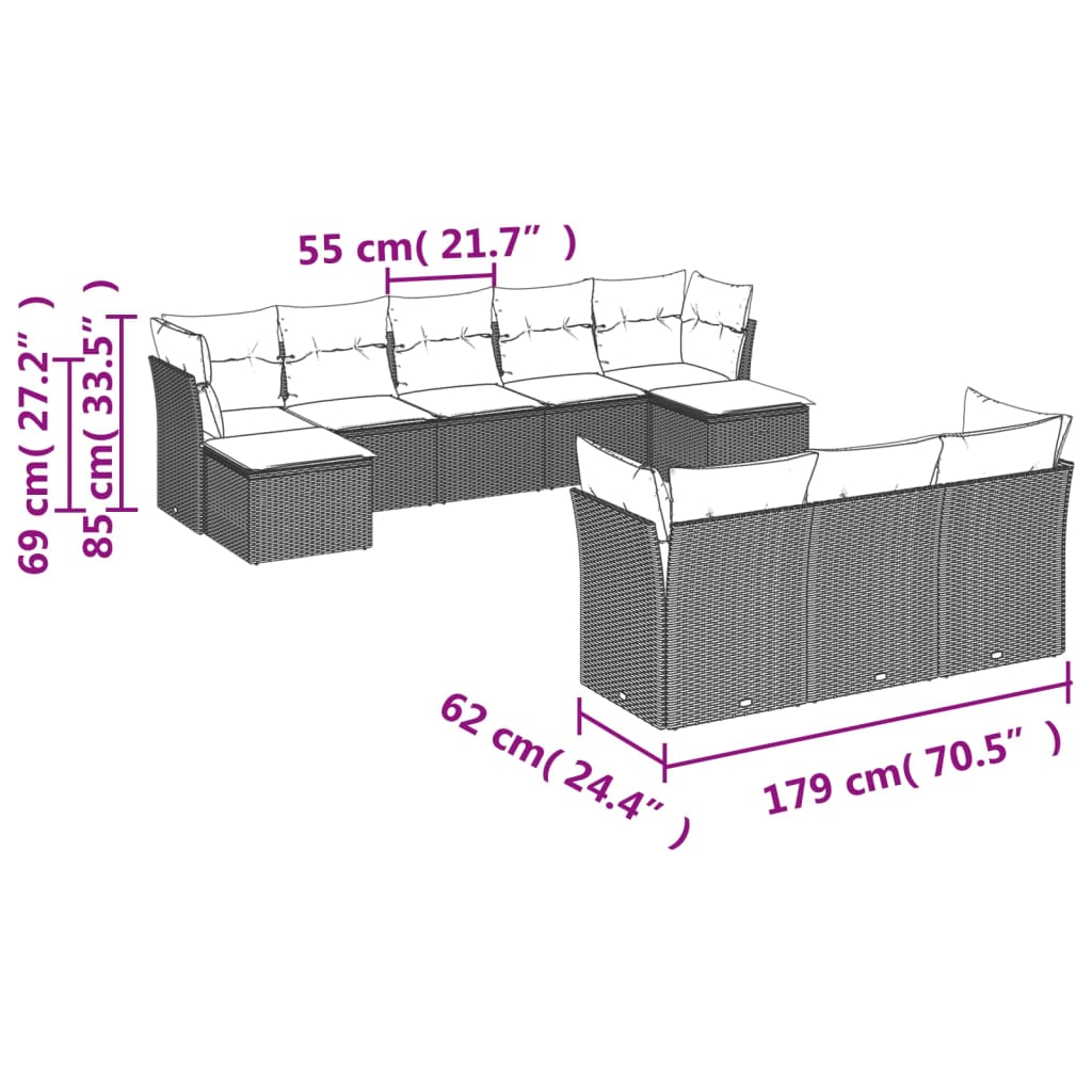 havesofasæt med 10 hynder sort polyrattan
