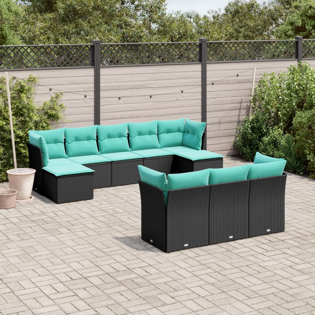 havesofasæt med 10 hynder sort polyrattan
