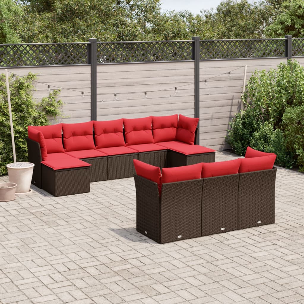 havesofasæt med 10 hynder brun polyrattan