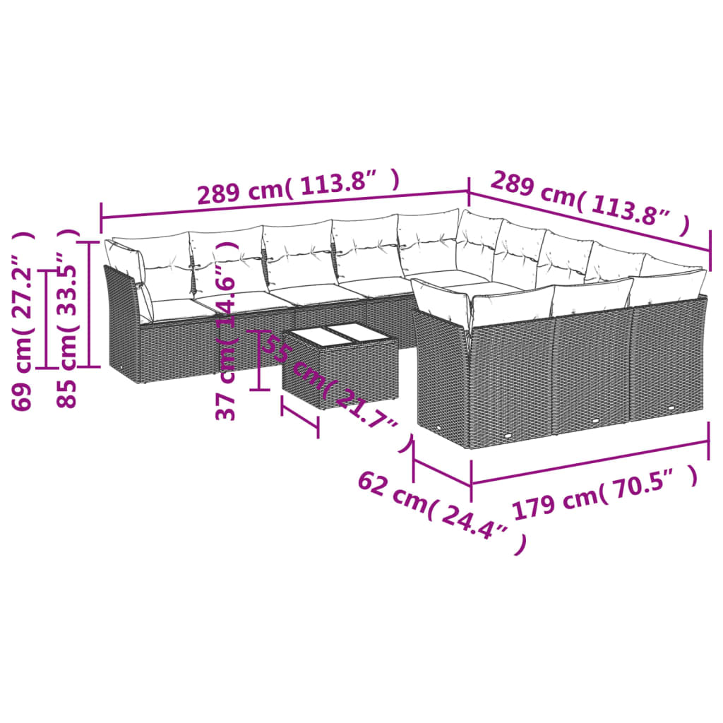 sofasæt til haven 12 dele med hynder polyrattan lysegrå