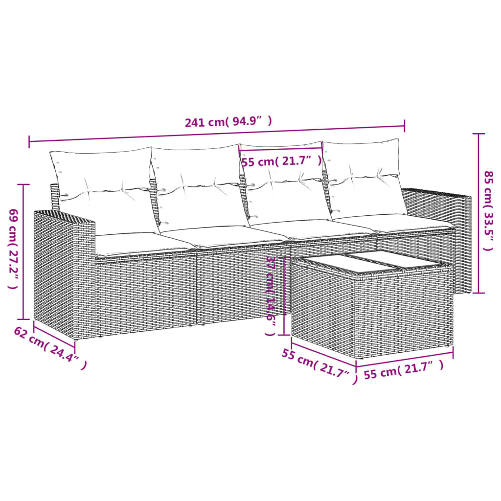 sofasæt 5 dele med hynder polyrattan grå