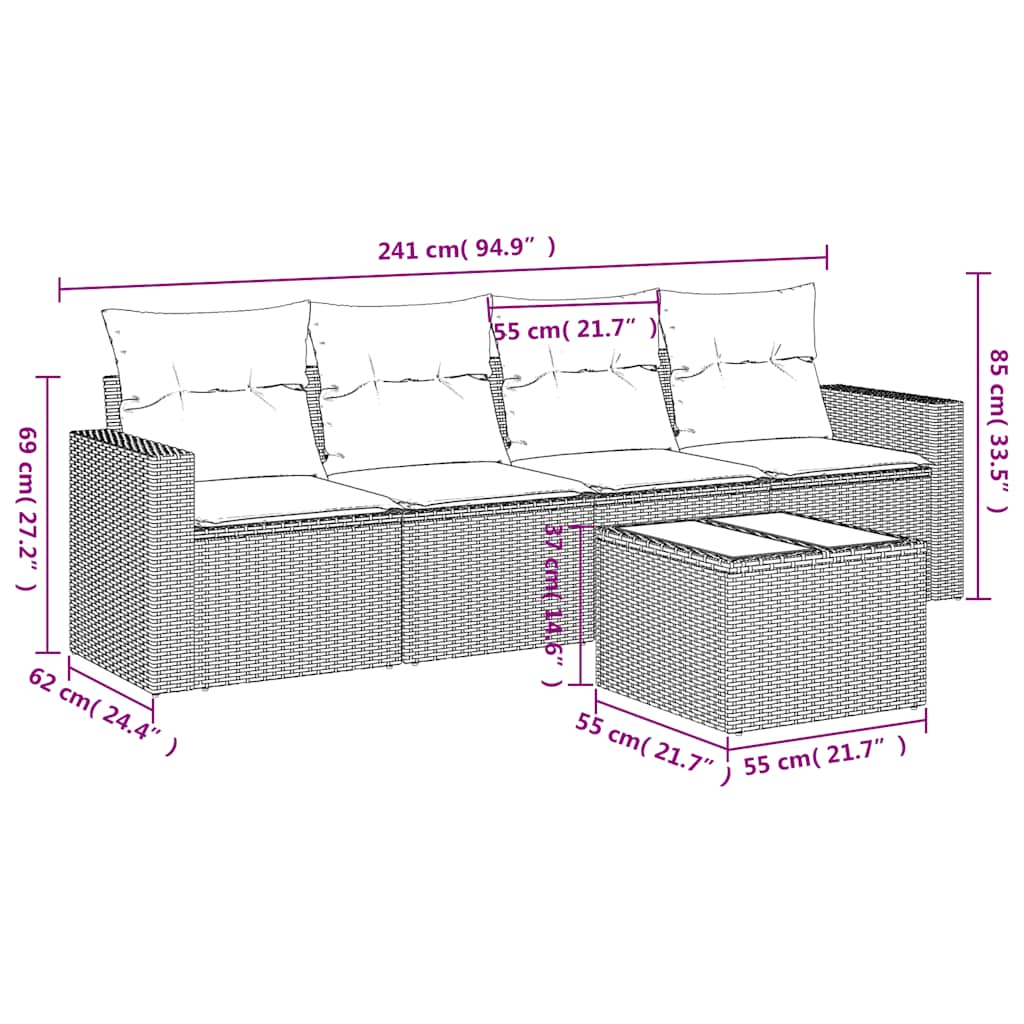 sofasæt 5 dele med hynder polyrattan lysegrå