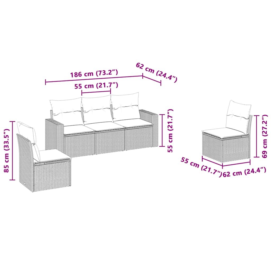 sofasæt 5 dele med hynder polyrattan lysegrå