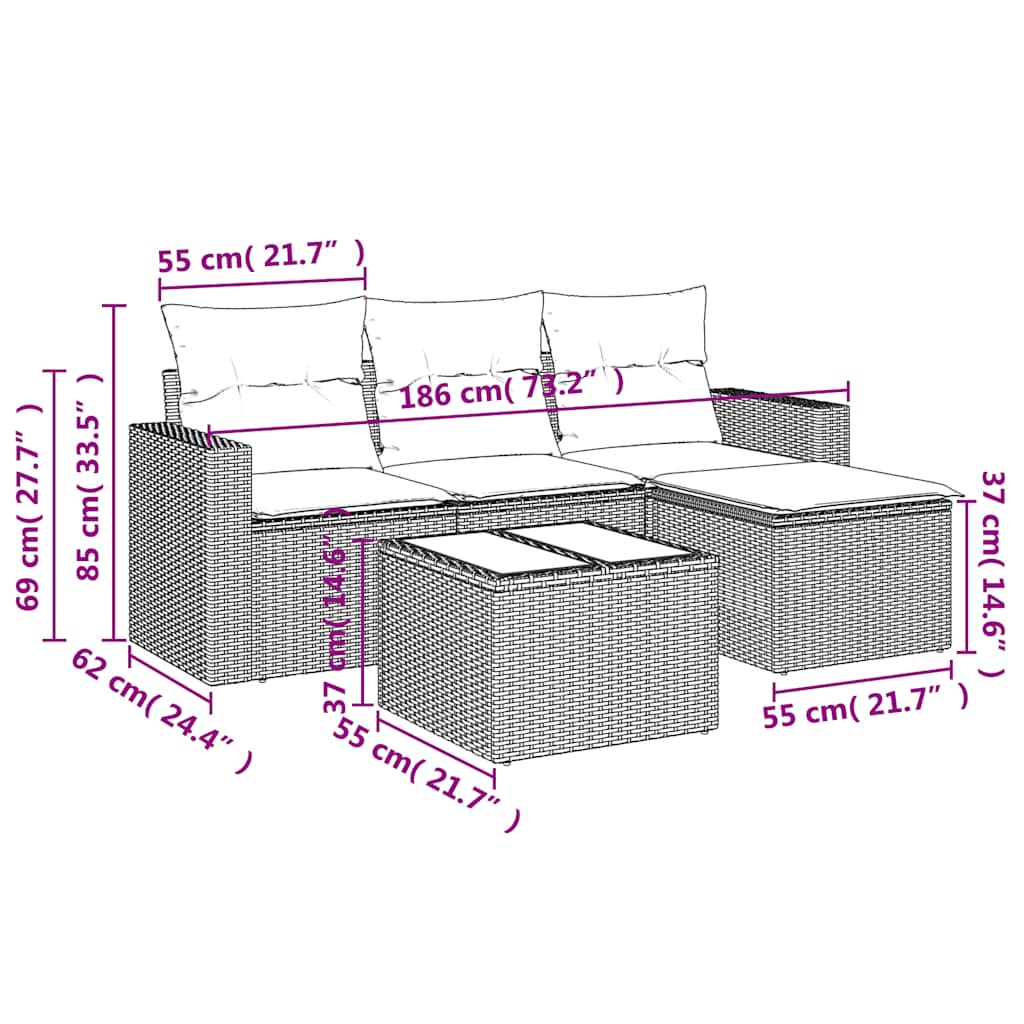 sofasæt 5 dele med hynder polyrattan lysegrå