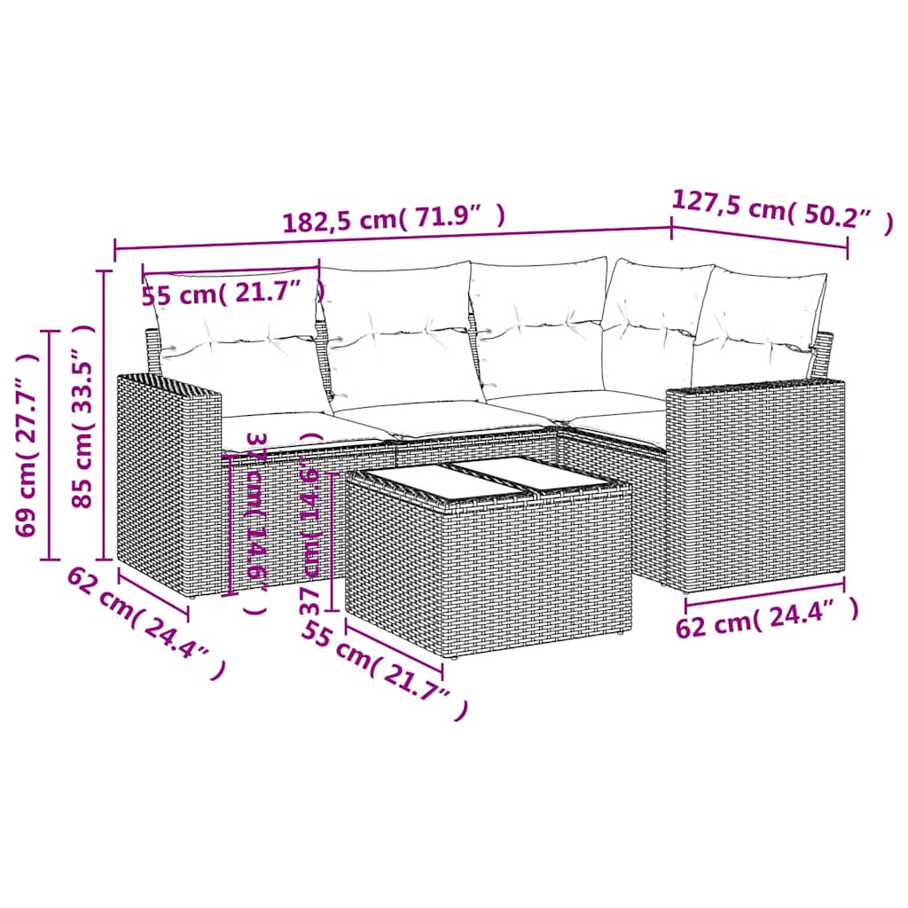 sofasæt 5 dele med hynder polyrattan lysegrå