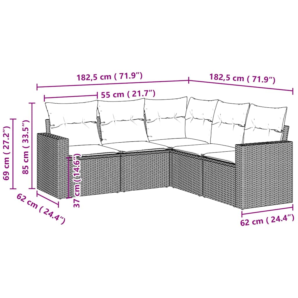 sofasæt 5 dele med hynder polyrattan lysegrå