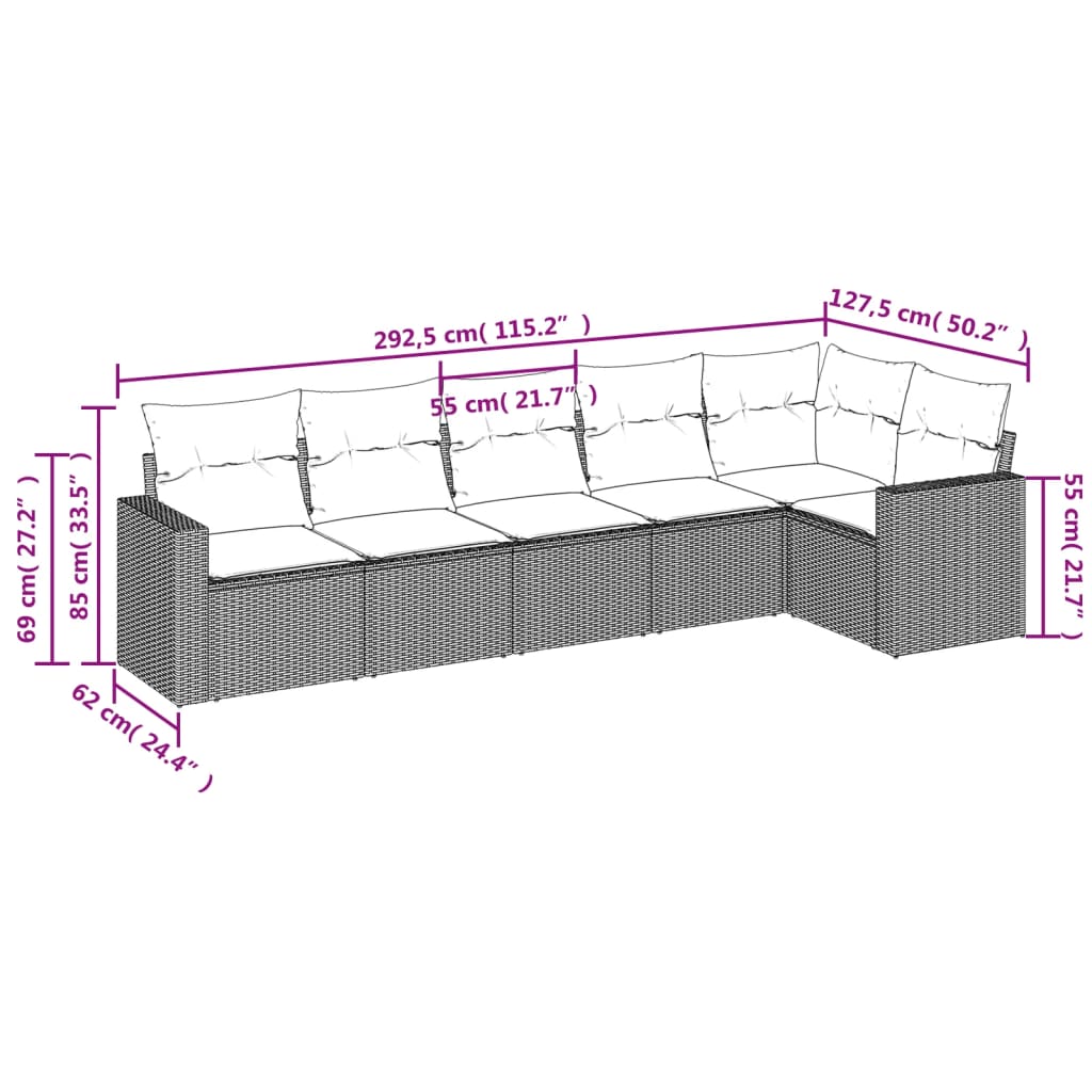 sofasæt til haven 6 dele med hynder polyrattan lysegrå