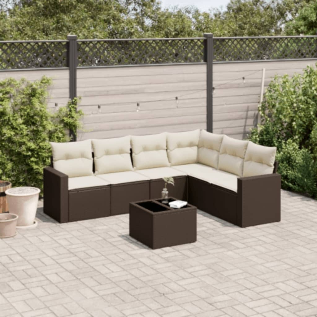 sofasæt til haven 7 dele med hynder polyrattan brun