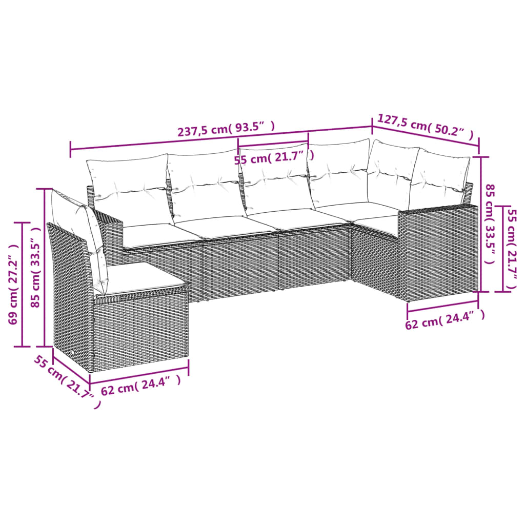 sofasæt til haven 6 dele med hynder polyrattan lysegrå