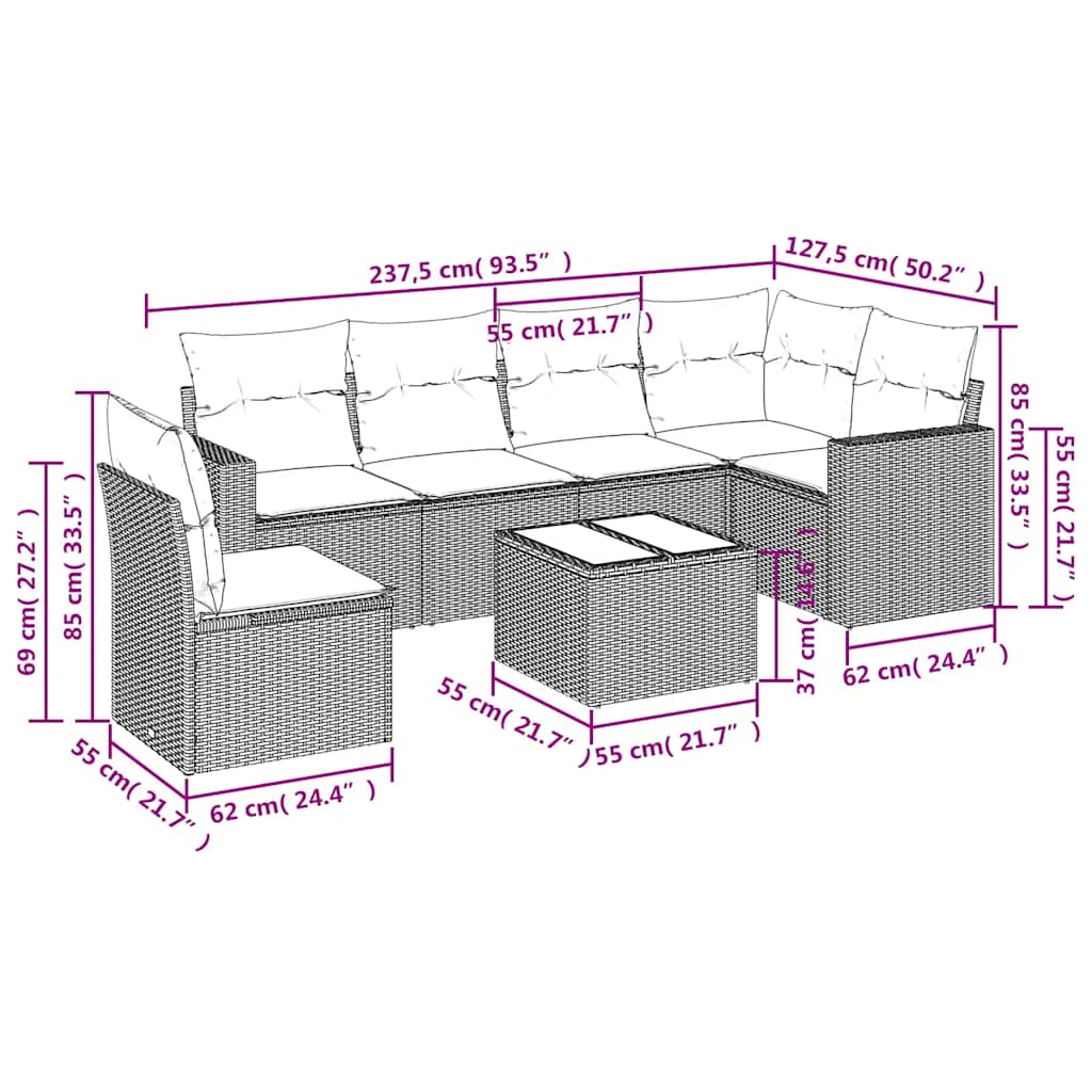 sofasæt til haven 7 dele med hynder polyrattan sort