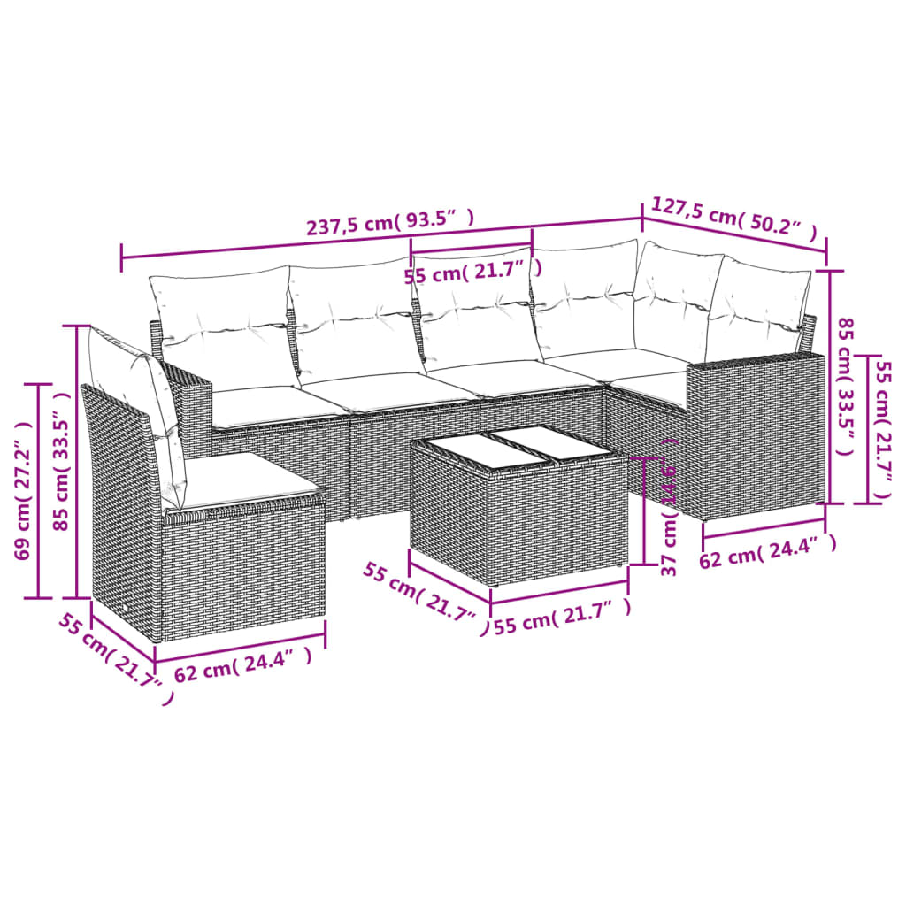 sofasæt til haven 7 dele med hynder polyrattan brun