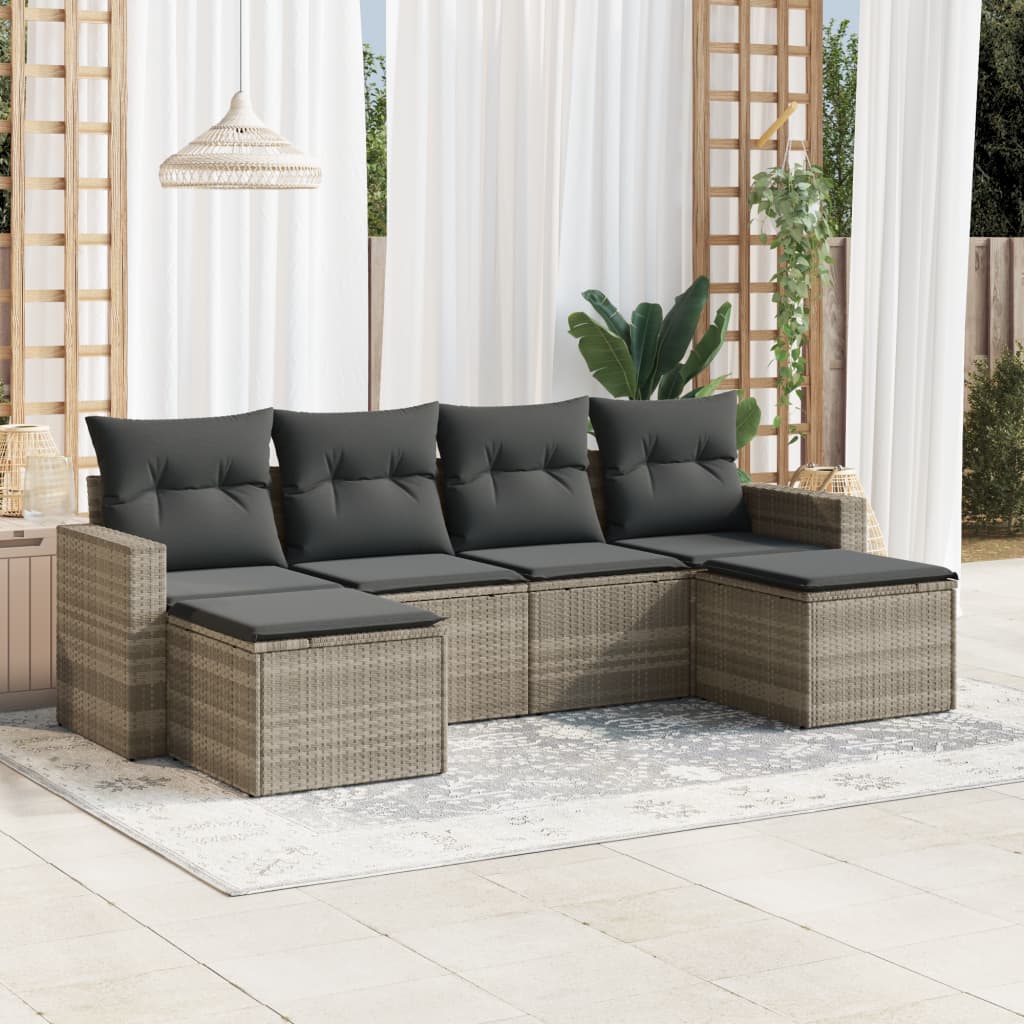 sofasæt til haven 6 dele med hynder polyrattan lysegrå
