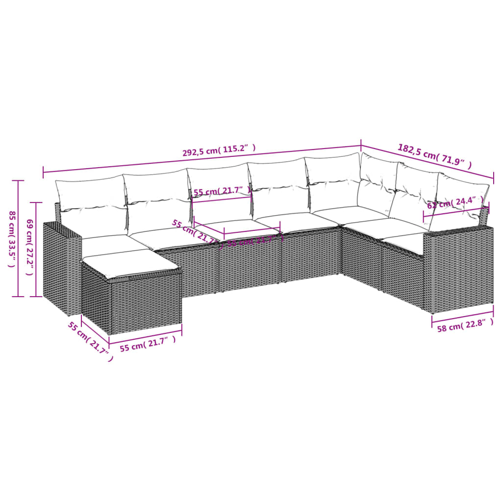sofasæt til haven 8 dele med hynder polyrattan lysegrå