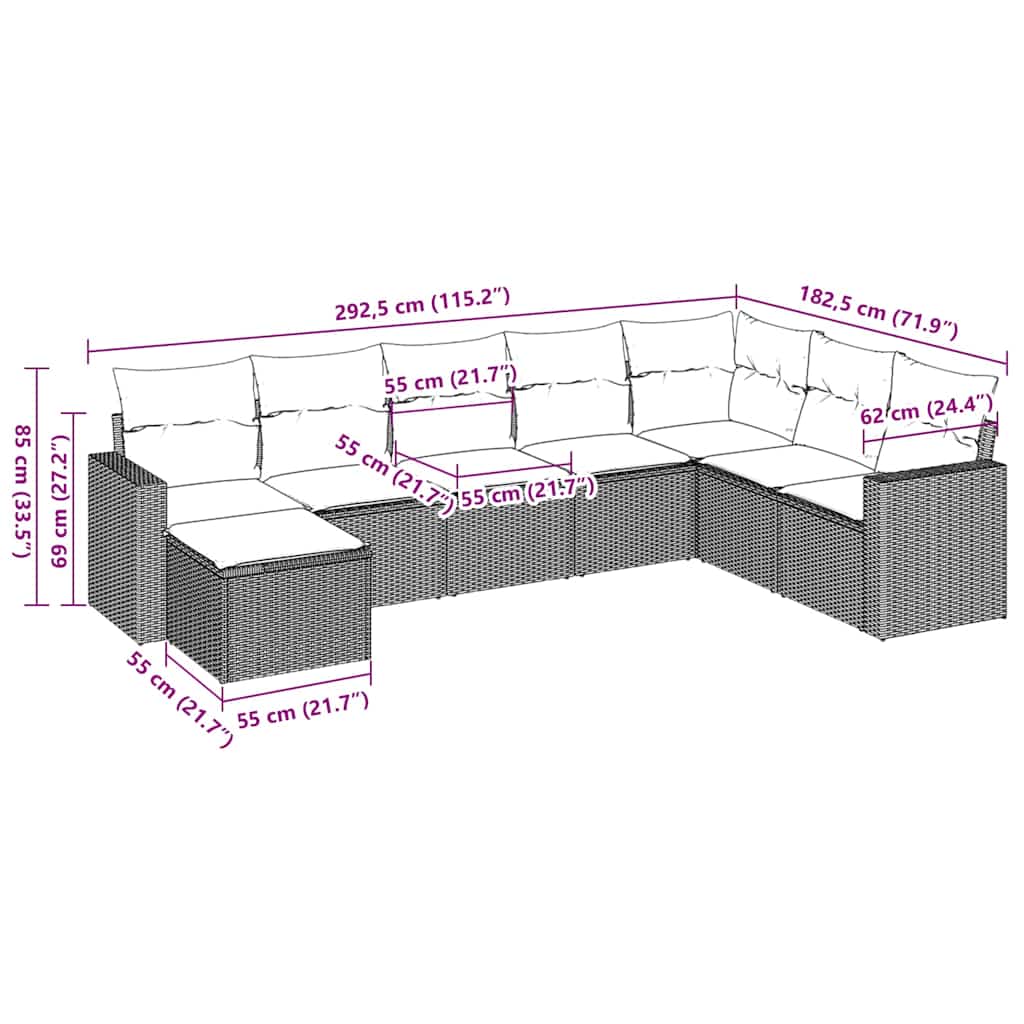 sofasæt til haven 8 dele med hynder polyrattan brun