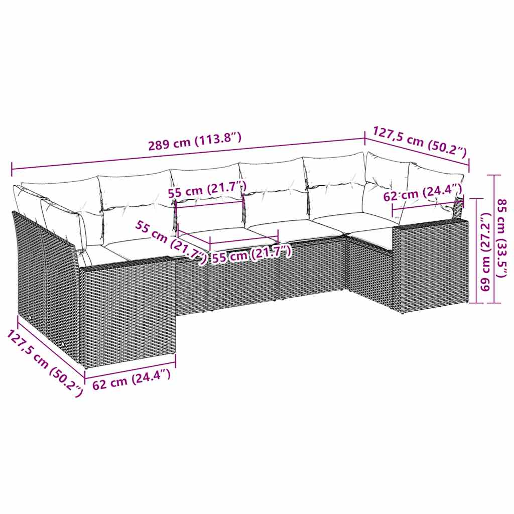 sofasæt til haven 7 dele med hynder polyrattan brun