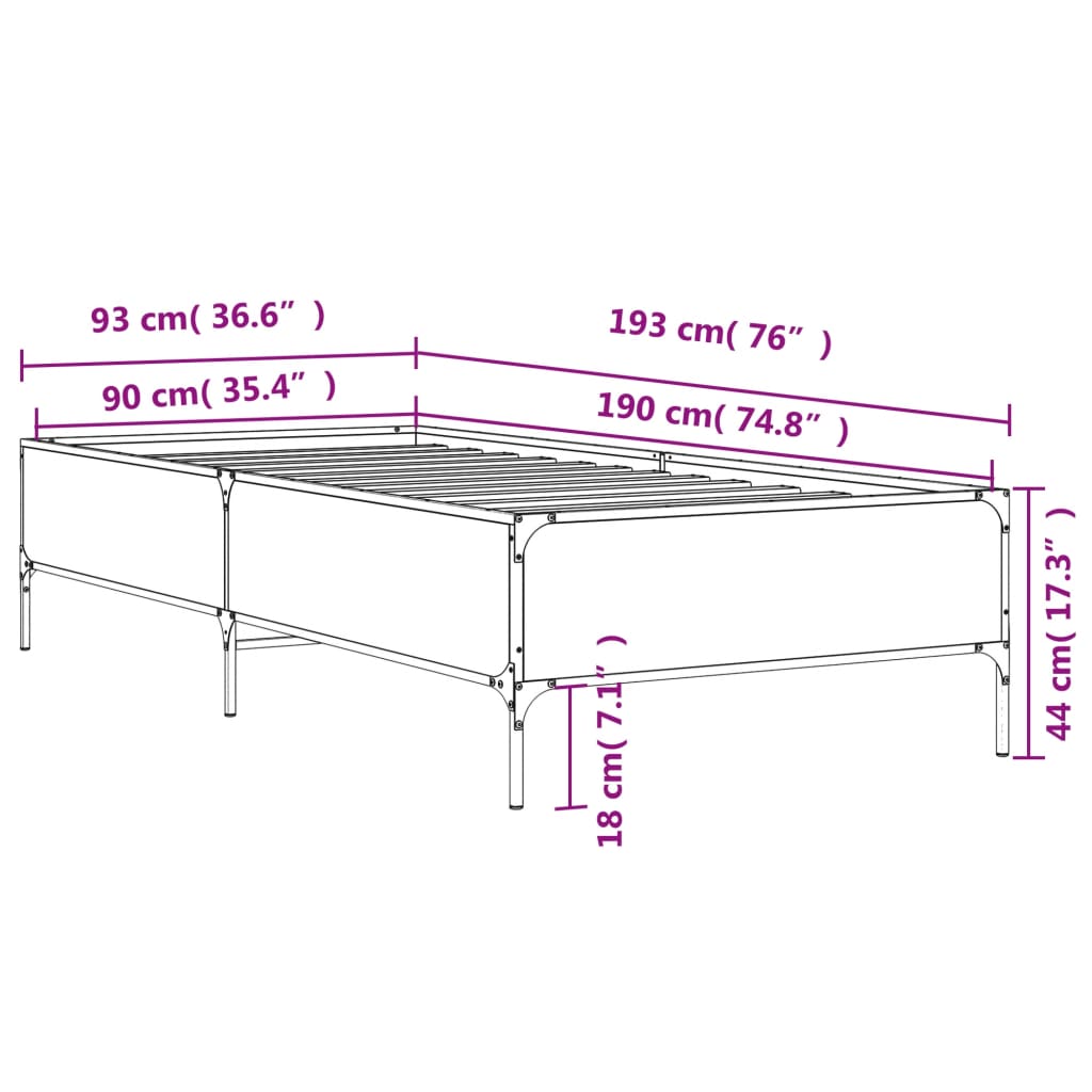sengeramme 90x190 cm konstrueret træ og metal røget eg