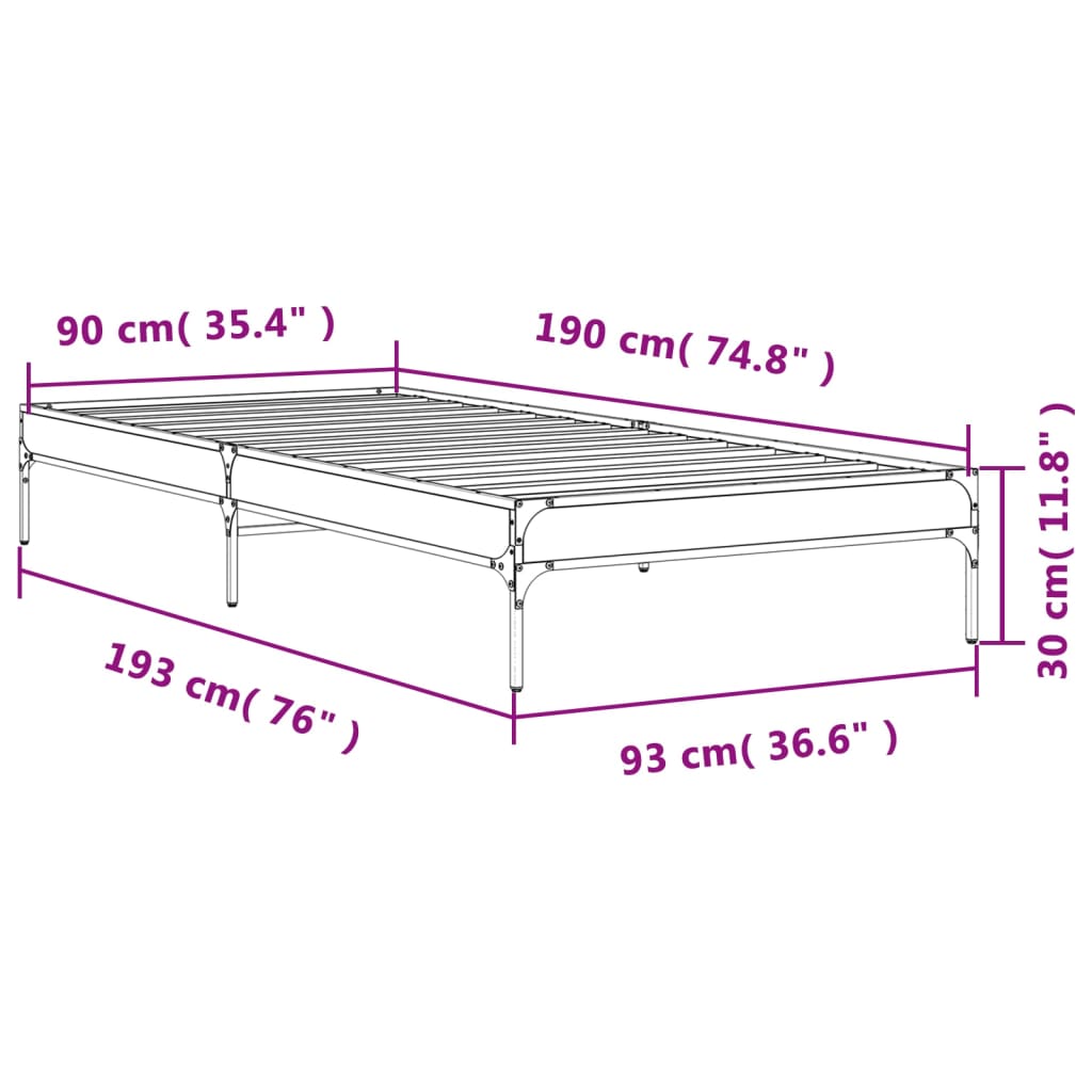 sengeramme 90x190 cm konstrueret træ og metal grå sonoma-eg