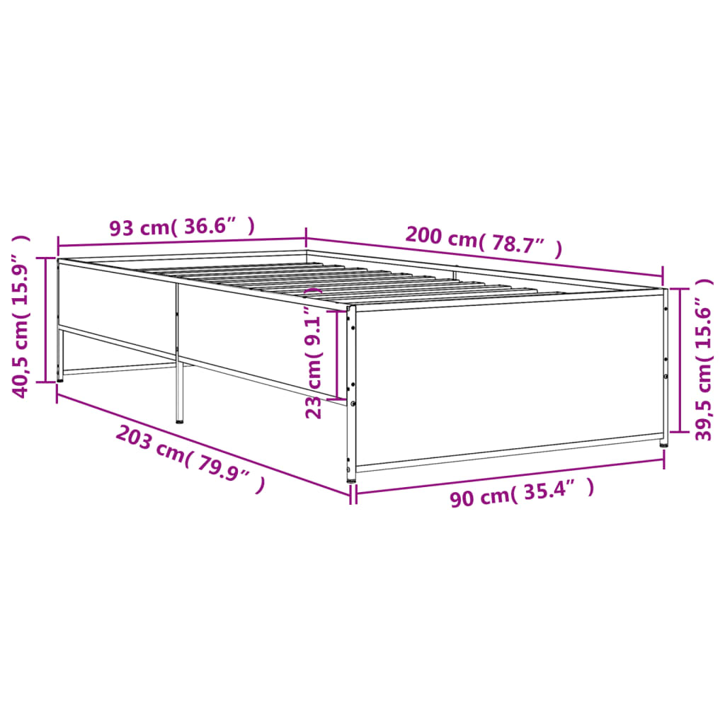 sengeramme 90x200 cm konstrueret træ og metal sonoma-eg