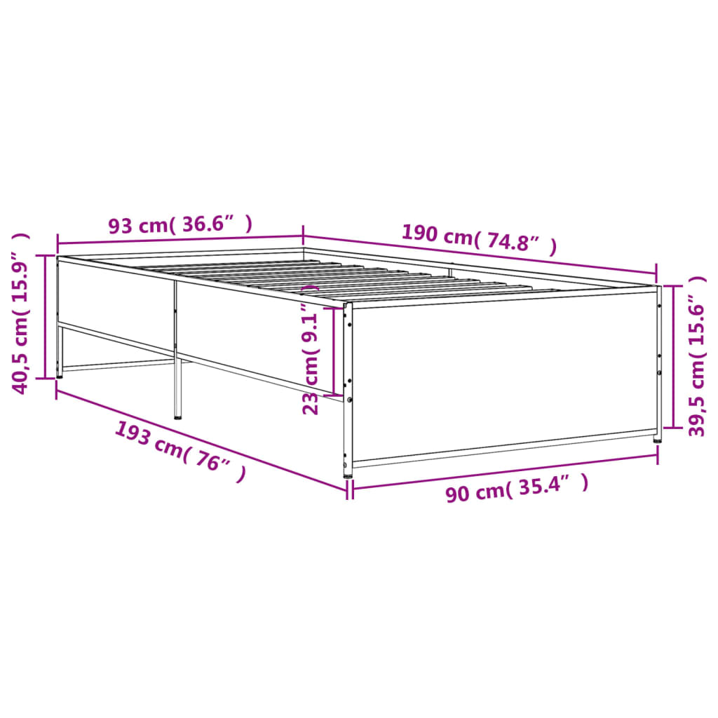 sengeramme 90x190 cm konstrueret træ og metal røget eg