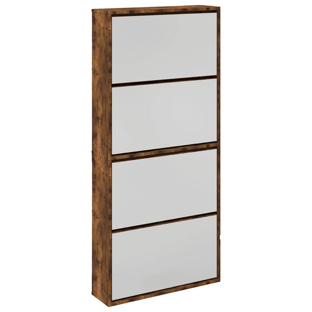 skoskab med spejl 4 hylder 63x17x134 cm røget egetræ