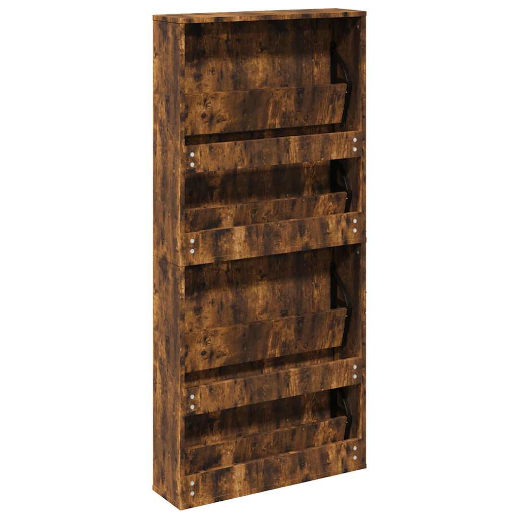 skoskab med spejl 4 hylder 63x17x134 cm røget egetræ