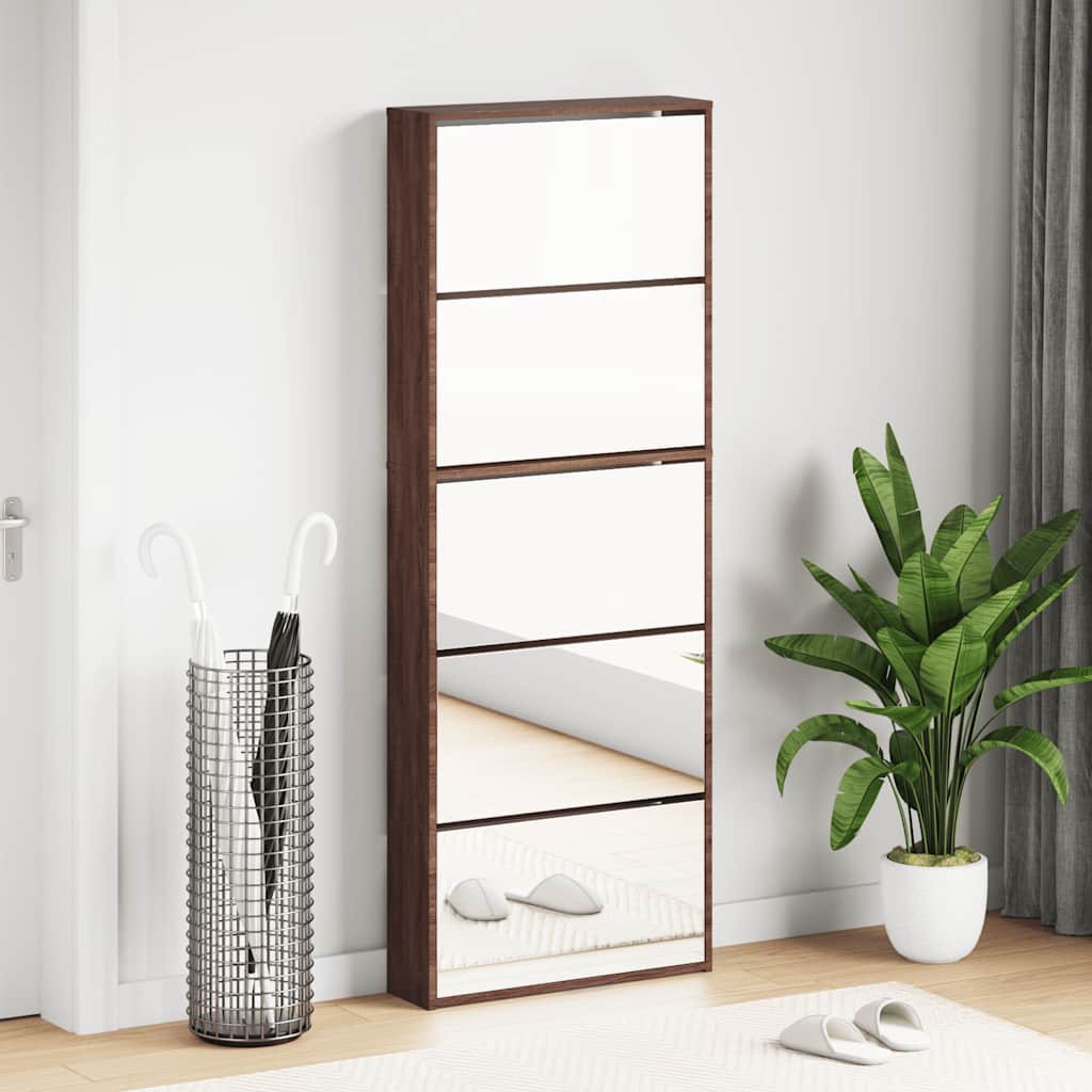 skoskab med spejl og 5 hylder 63x17x169,5 cm brun egetræsfarve