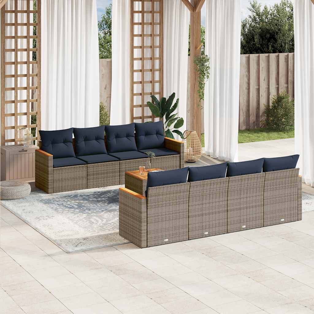 havesofasæt med 9 dele og hynder grå polyrattan
