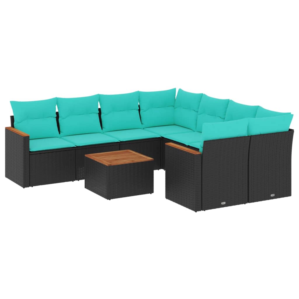 havesofasæt med 9 dele og hynder sort polyrattan