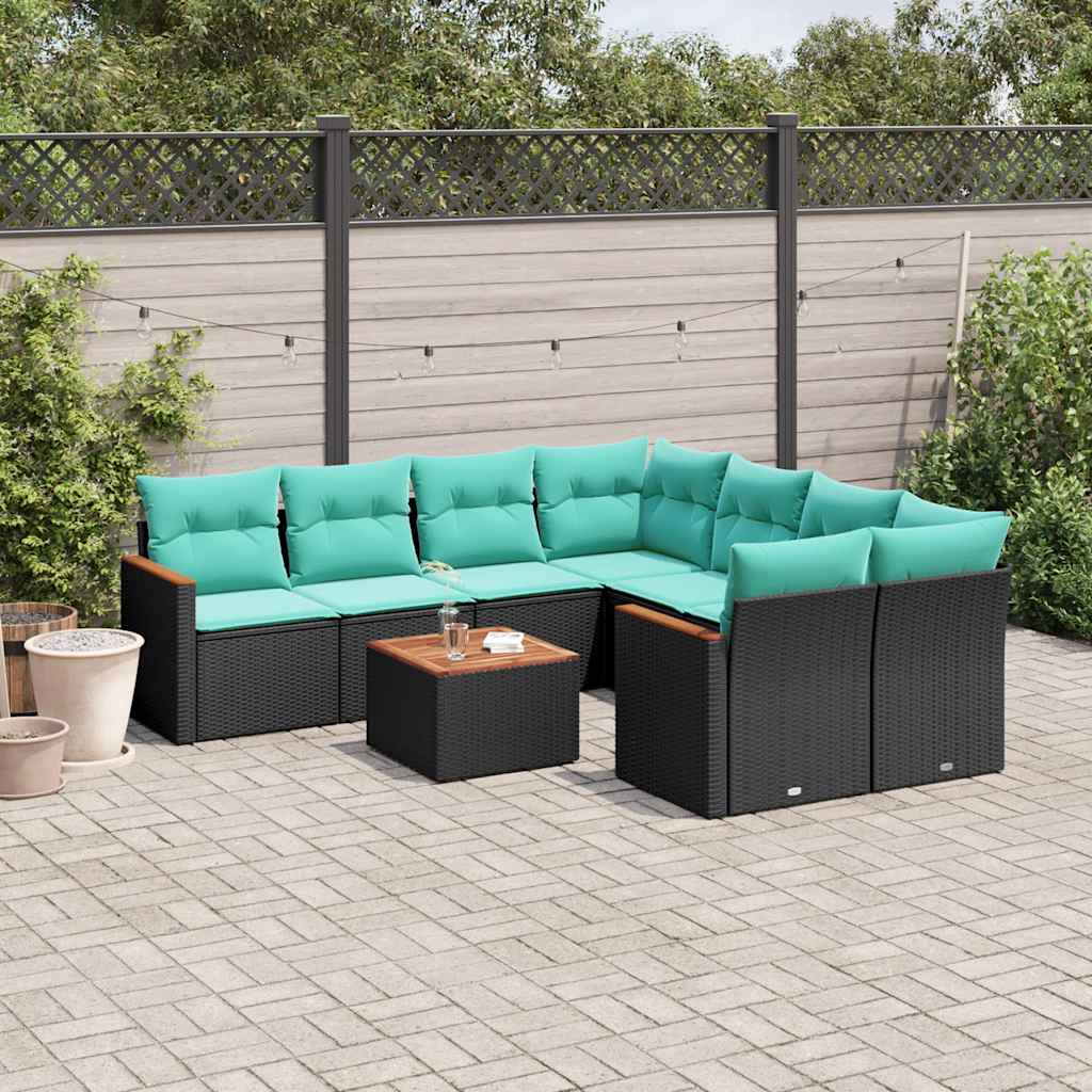 havesofasæt med 9 dele og hynder sort polyrattan