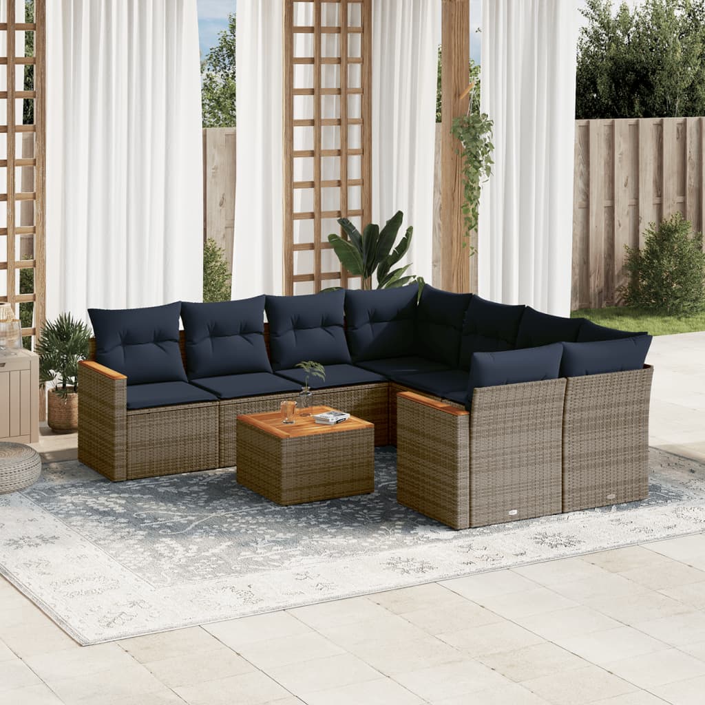 havesofasæt med 9 dele og hynder grå polyrattan