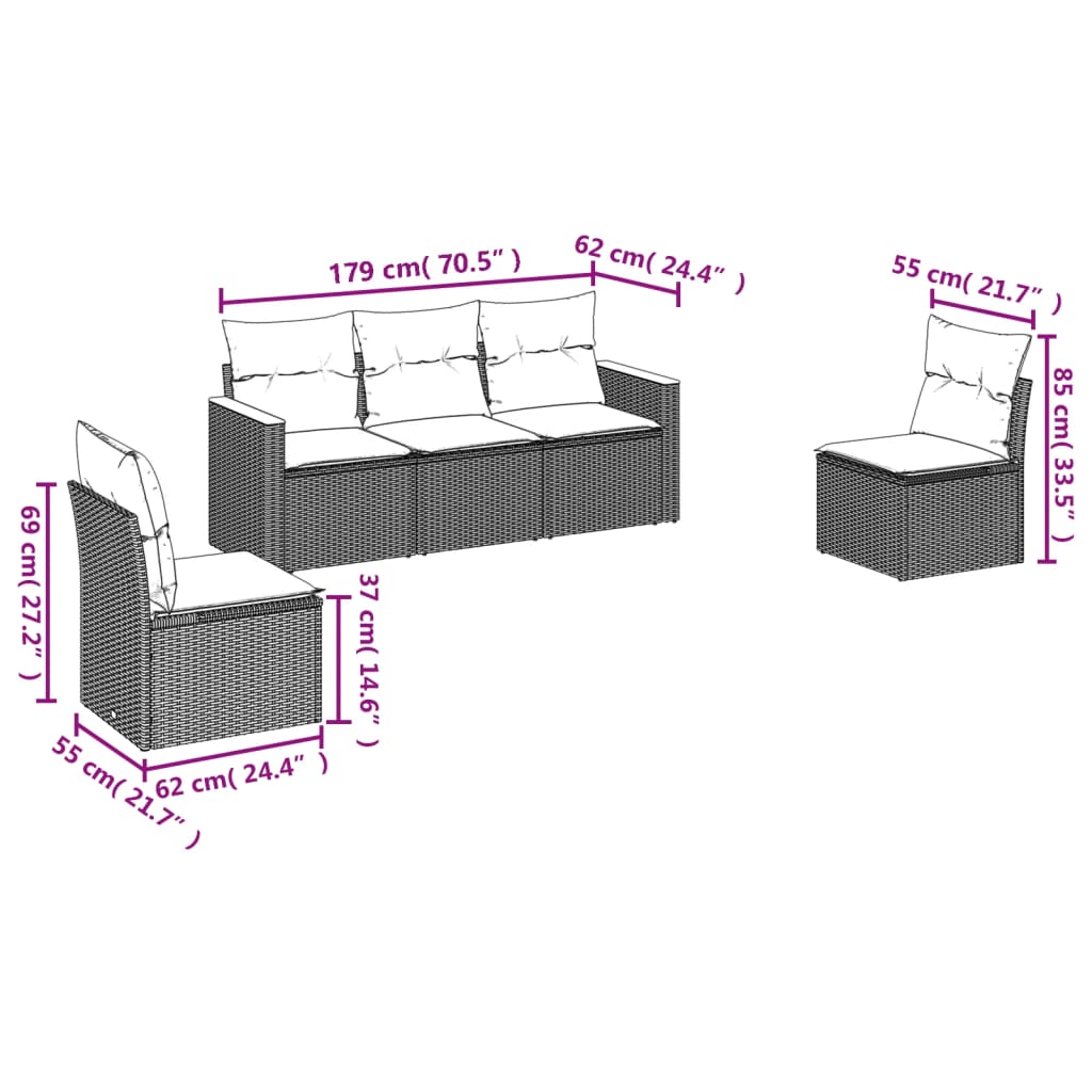 sofasæt til haven 5 dele med hynder polyrattan sort
