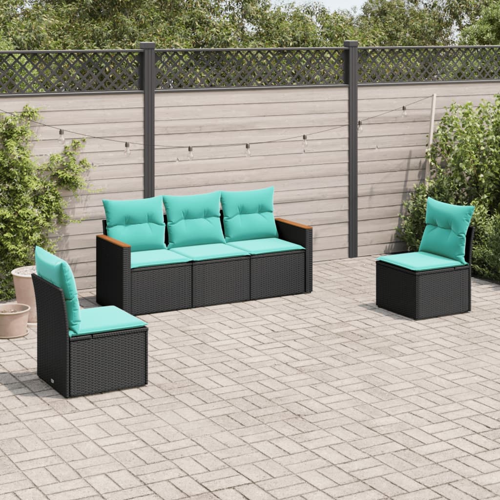 havesofasæt med 5 dele og hynder sort polyrattan