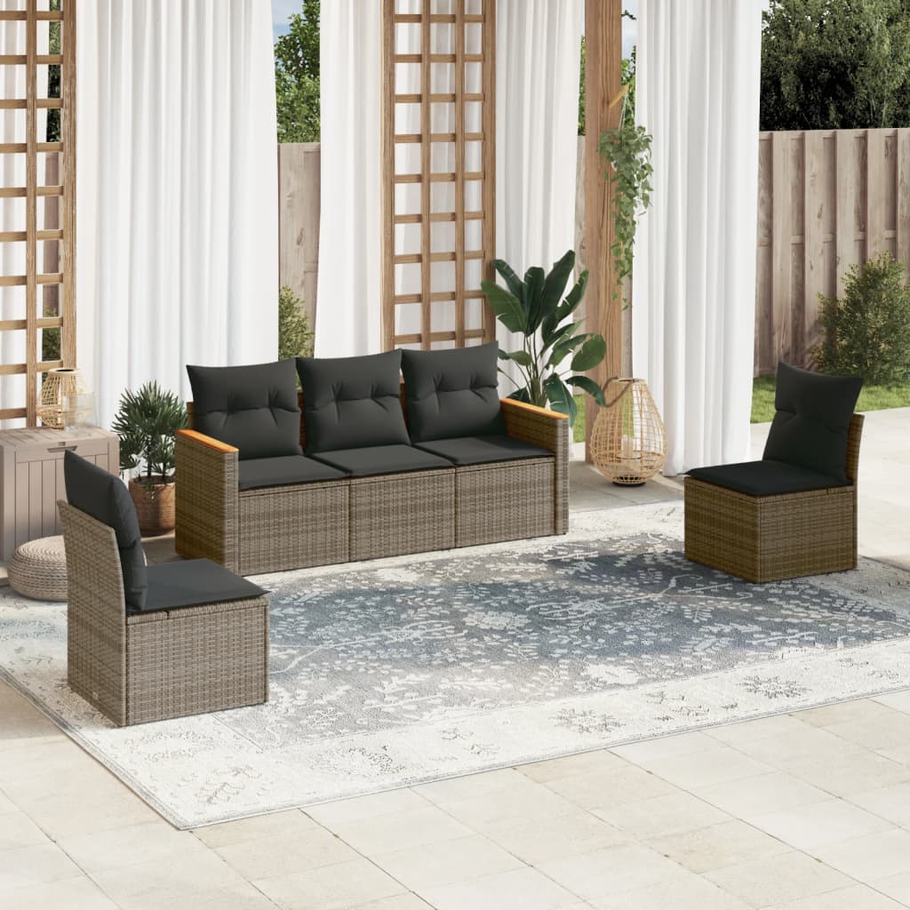 sofasæt 5 dele med hynder polyrattan grå