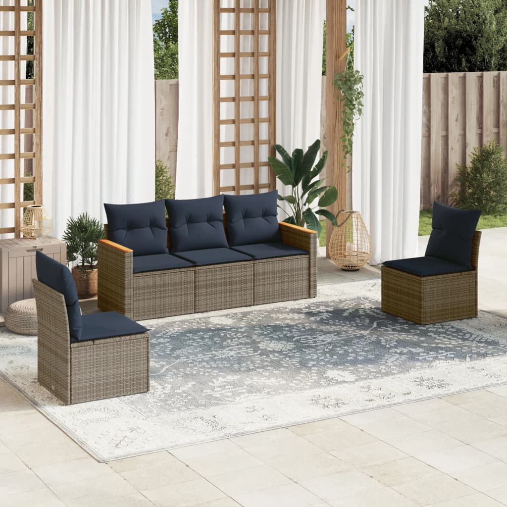havesofasæt med 5 dele og hynder grå polyrattan