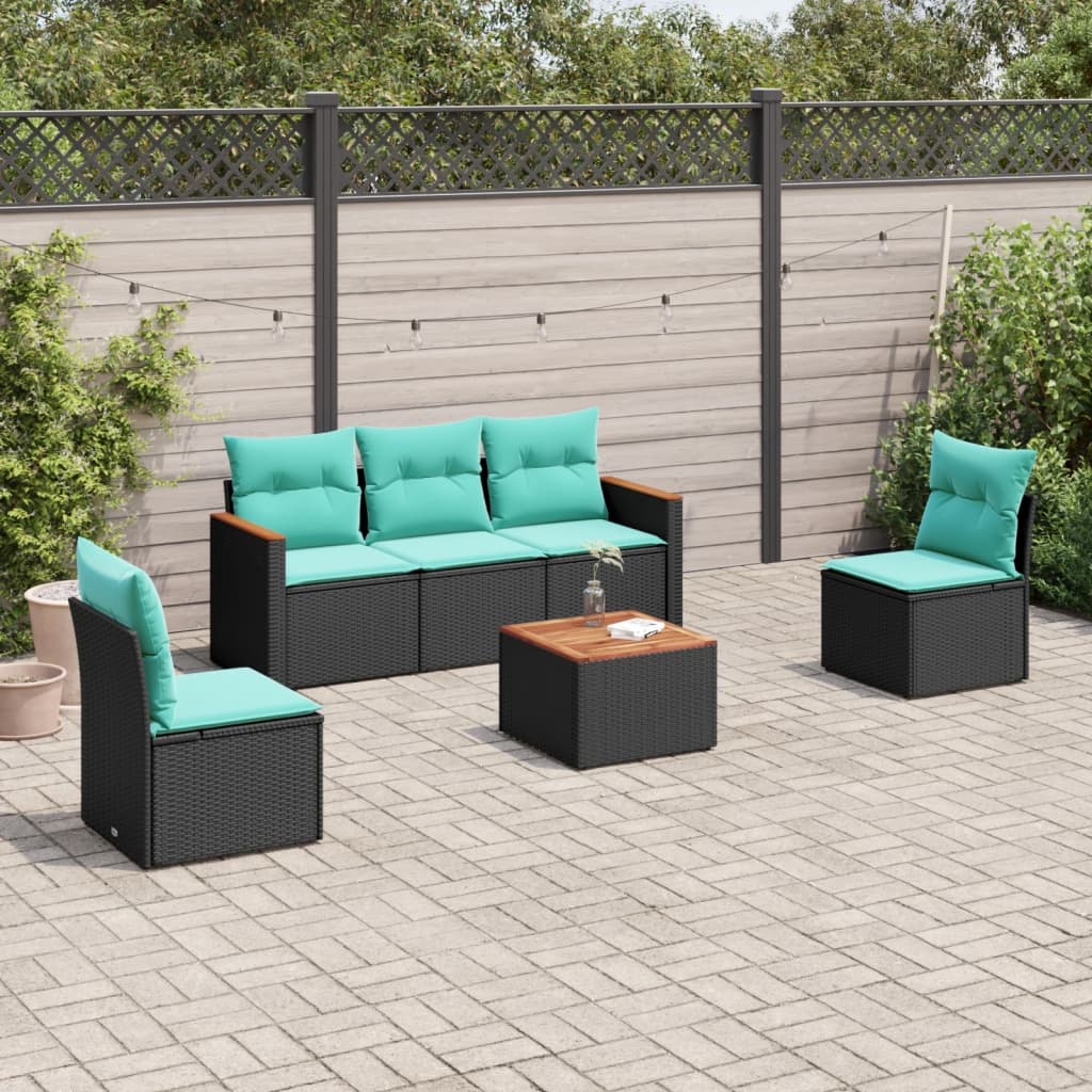 havesofasæt med 6 hynder sort polyrattan