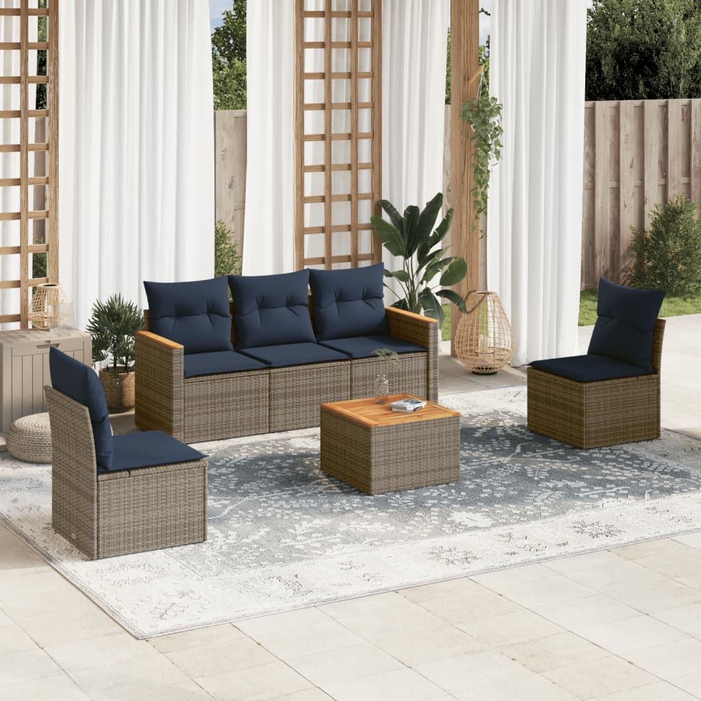 havesofasæt med 6 dele og hynder grå polyrattan