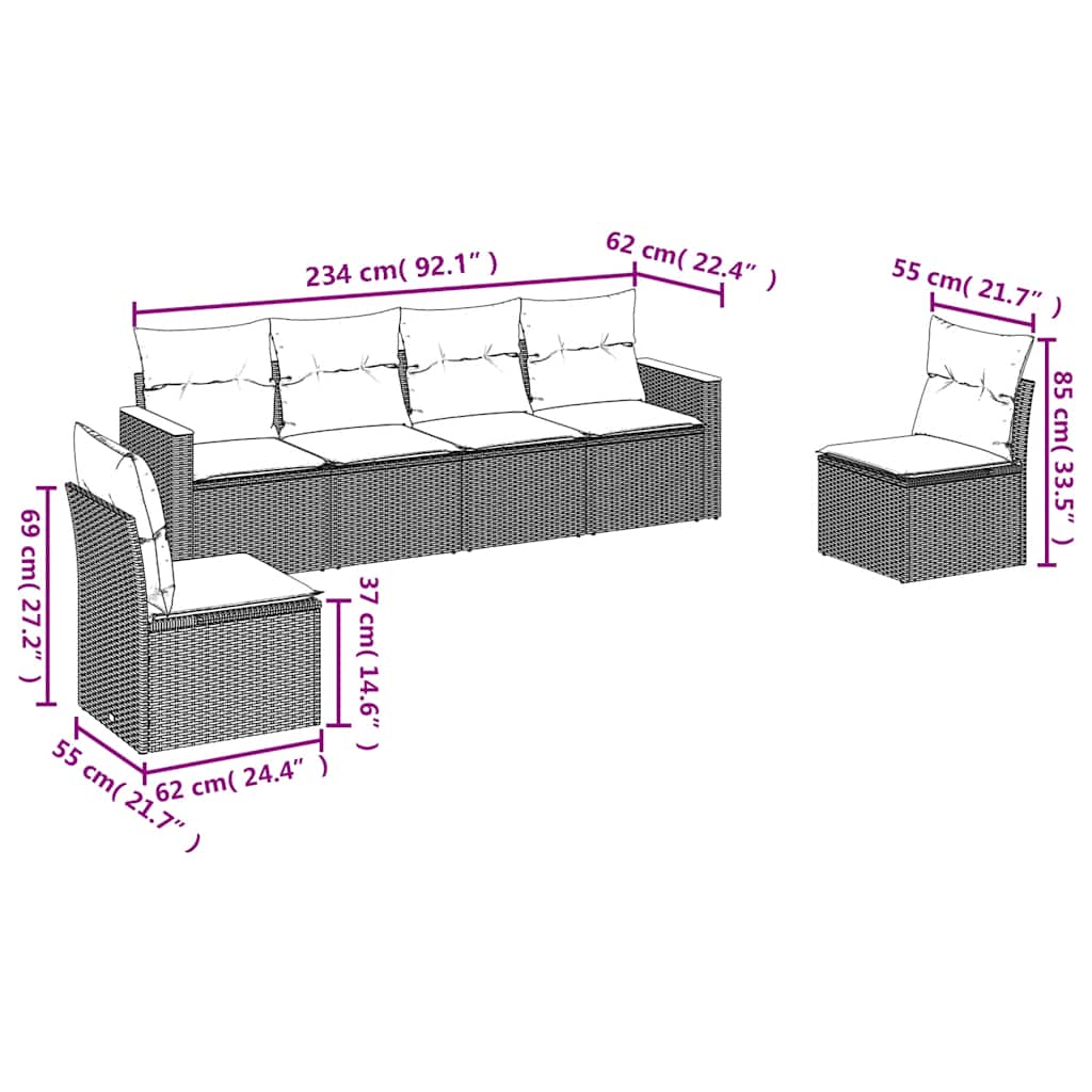 sofasæt til haven 6 dele med hynder polyrattan sort