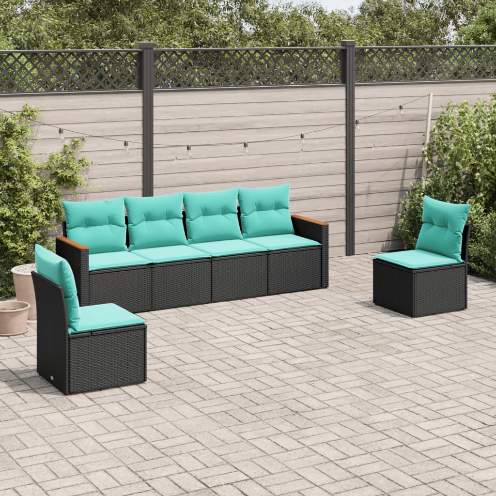 havesofasæt med 6 hynder sort polyrattan