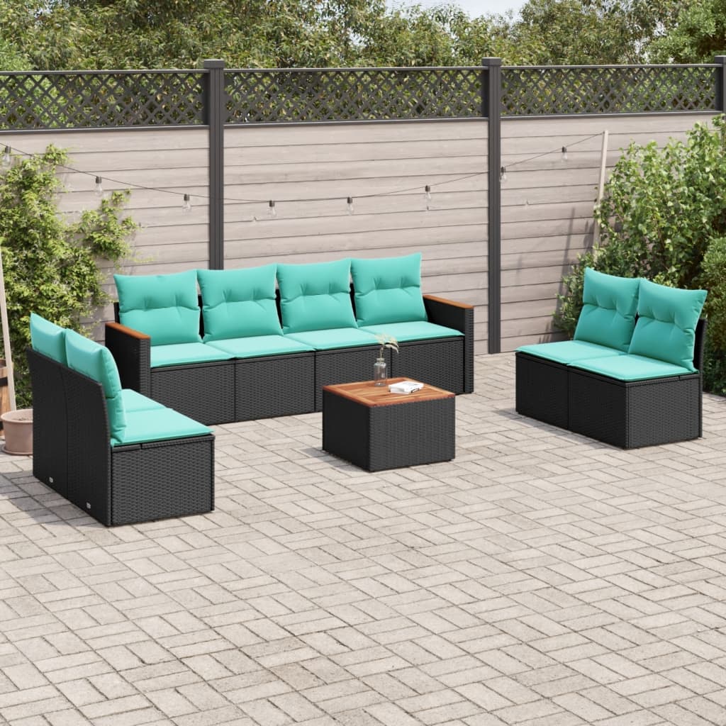 havesofasæt med 9 dele og hynder sort polyrattan
